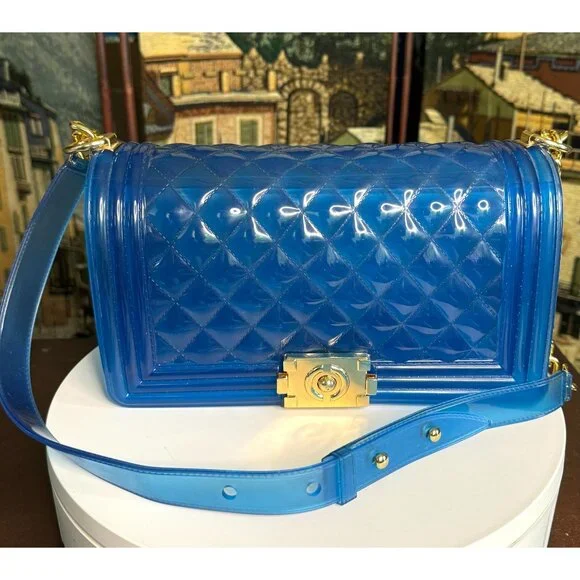 Blue Jelly Shoulder Bag With Chain Strap - Picture 2 of 13